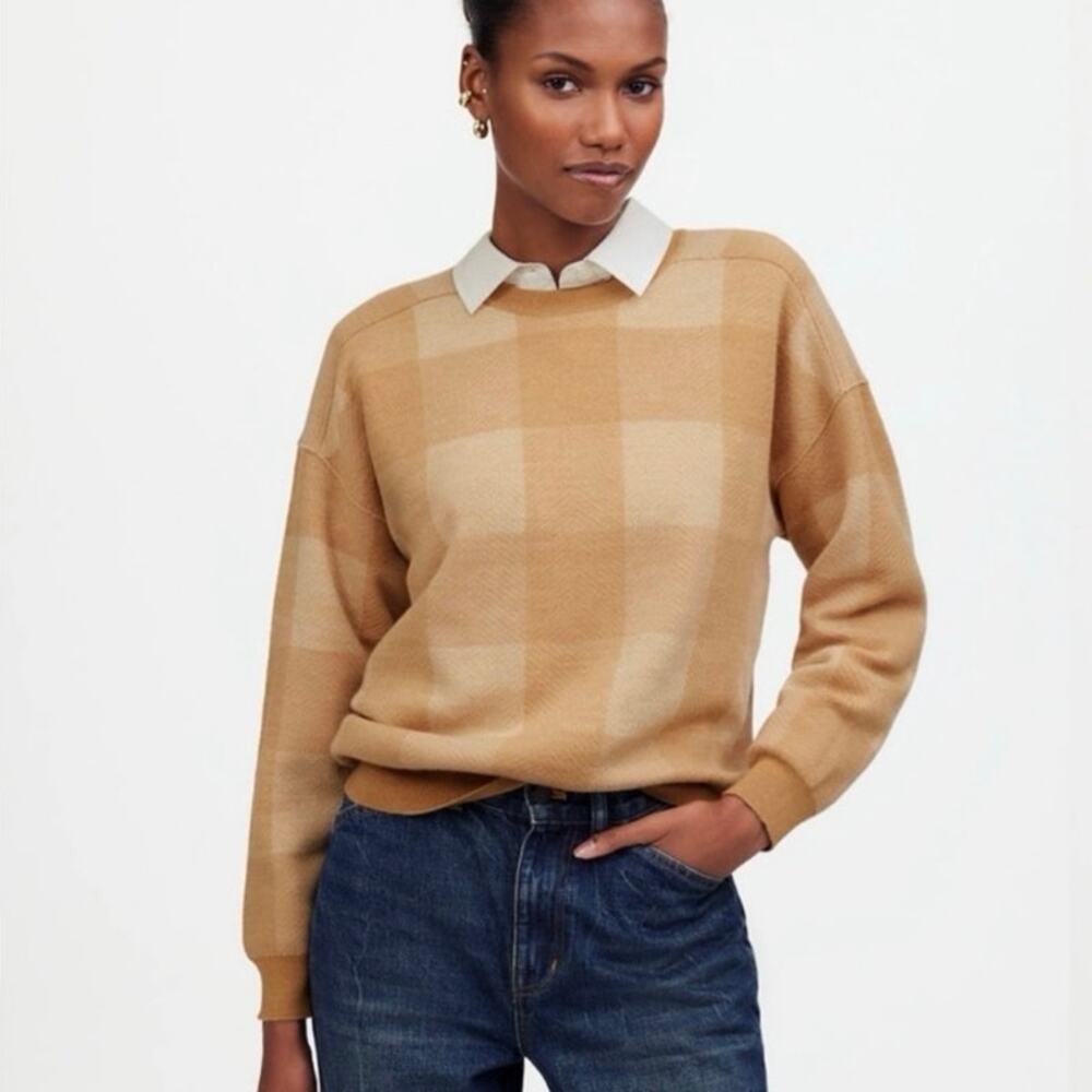 MADEWELL Women's XL Merinol Wool Windowpane Plaid Pullover Sweater Camel Tan